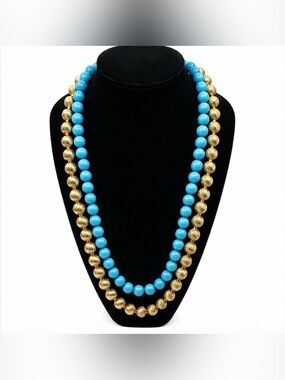 Coro Pegasus Turquoise and Burnished Gold Tone Double Strand Necklace Vintage